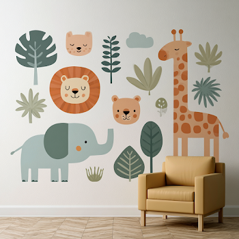 Cute Baby Elephant and Safari Animals Nursery Wall Mural