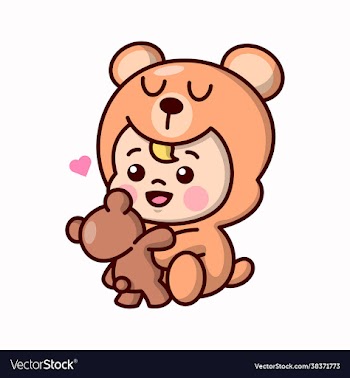 cute baby in teddy bear costume and bringing a ted