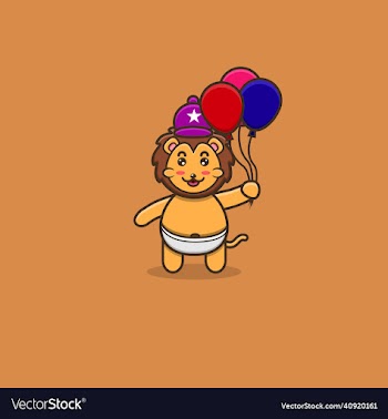 cute baby lion bring balloons character mascot