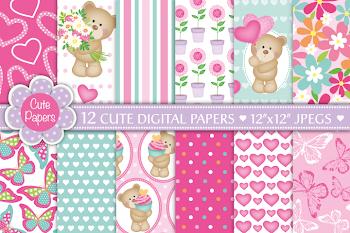 Cute bear digital papers, Cute bears, Floral, Butterfly