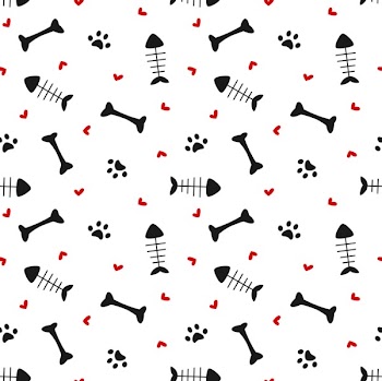 cute black white red seamless vector pattern background illustration with bones, hearts, paws and fish bones