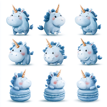 Cute Blue Unicorn Illustrations in Whimsical Style