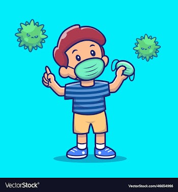 cute boy hold and wearing medical mask with virus