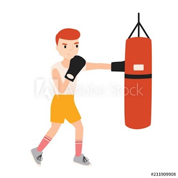 Cute boy or young boxer dressed in sportswear training with punching bag isolated on white background