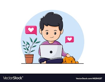 cute boy using laptop with pet dog