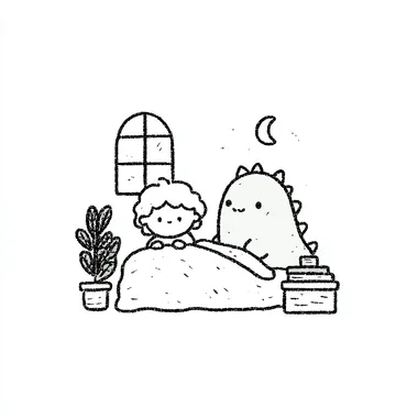 Cute Boy with Dragon in Bedroom - Coloring Book Illustration