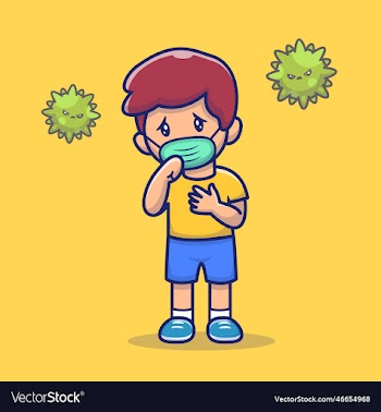 cute boy with fever and flu cartoon