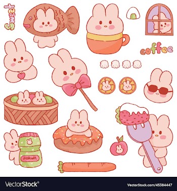 cute bunny rabbit and dessert hand drawn