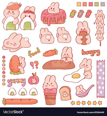 cute bunny rabbit and dessert hand drawn
