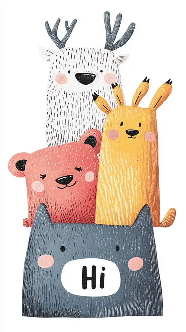 Cute cartoon animals in a playful stack, hand-drawn illustration style Cute cartoon animals in a playful stack, hand-drawn illustration style