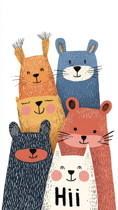 Cute cartoon animals in playful poses on a white background, saying "Hi" Cute cartoon animals in playful poses on a white background, saying "Hi"