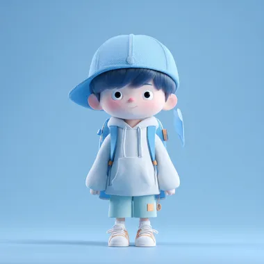 Cute Cartoon Boy in Blue Hat and Backpack Cute Cartoon Boy in Blue Hat and Backpack