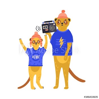 Cute cartoon father and child meerkat wearing funny hat standing together