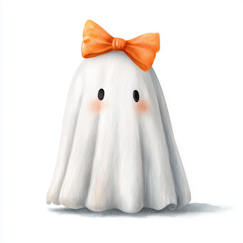 Cute Cartoon Ghost with Orange Bow - Kawaii Halloween Design