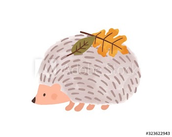 Cute cartoon hedgehog with leaves on needles vector flat illustration