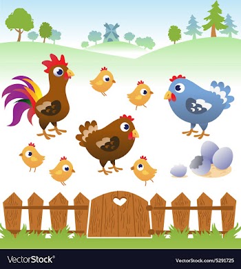  					Cute cartoon hen rooster and chicken with landscap vector&nbsp;image														
