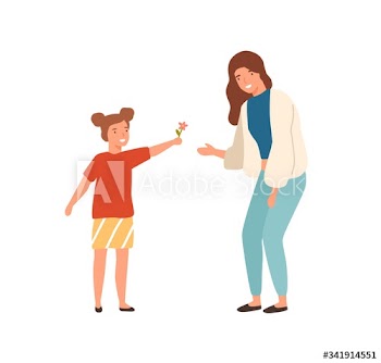 Cute cartoon little girl give flower to beautiful mother vector flat illustration