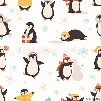 Cute cartoon penguin seamless pattern