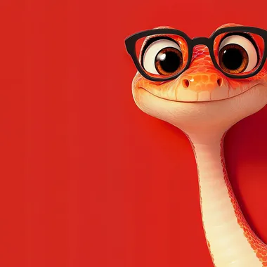 Cute cartoon snake in glasses peeking from corner with red background