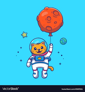 cute cat astronaut holding moon balloon in space