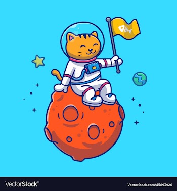cute cat astronaut sitting on moon with flag