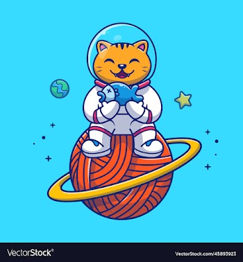 cute cat astronaut sitting on planet with fish