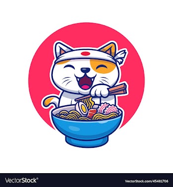 cute cat eating ramen noodle cartoon