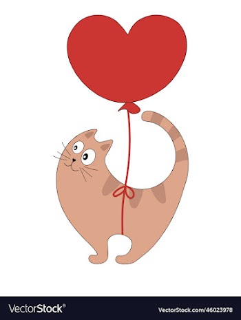 cute cat flying on red balloon in form heart