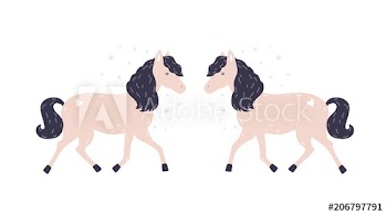 Cute charming little pink horse and its symmetrical reflection