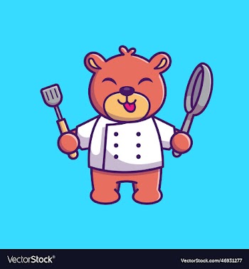 cute chef bear holding pan and spatula cartoon