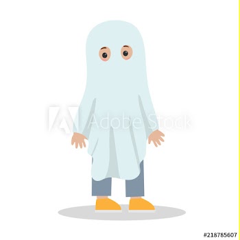Cute child in a white ghost costume