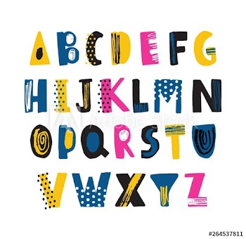 Cute childish latin font or funky english alphabet decorated with dots and scribble