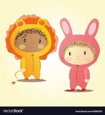 cute children in lion and rabbit costumes