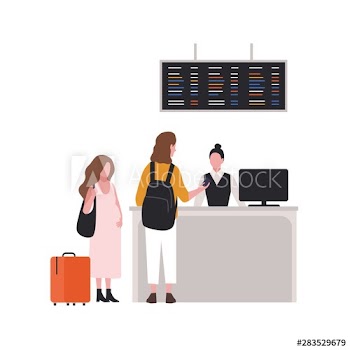 Cute couple at check-in desk or passport control