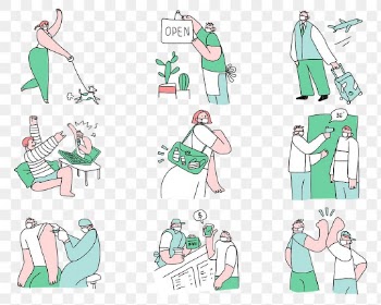 Cute COVID-19 social distancing png green doodle character collection