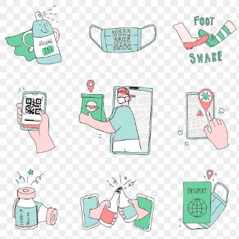 Cute COVID-19 social distancing png green doodle character set