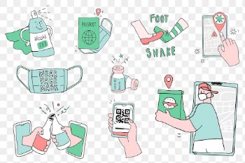 Cute COVID-19 social distancing png green doodle character set