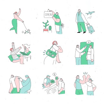 Cute COVID-19 social distancing psd green doodle character collection