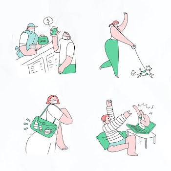Cute COVID-19 social distancing psd green doodle character set