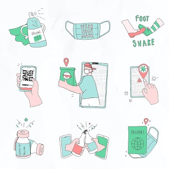 Cute COVID-19 social distancing psd green doodle character set
