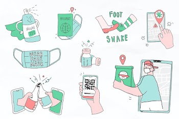 Cute COVID-19 social distancing psd green doodle character set