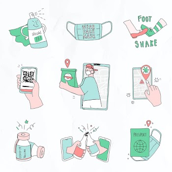 Cute COVID-19 social distancing vector green doodle character set