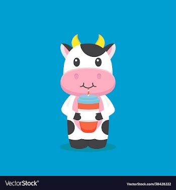 cute cow drink coffee cartoon