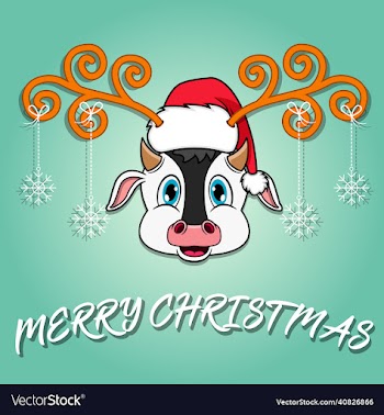 cute cow head cartoon christmas card wearing hat