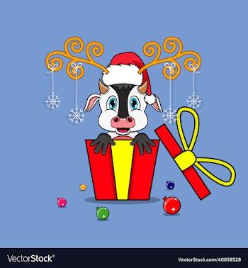 cute cow on gift with santa claus hat