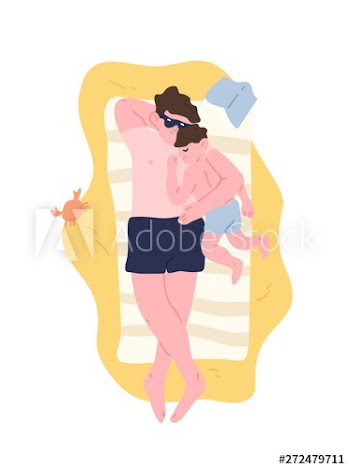 Cute dad and son lying on sand beach, relaxing and cuddling