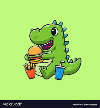 cute dinosaur eating burger french fries cartoon