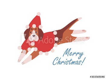 Cute dog in red cape and Santa hat cartoon illustration