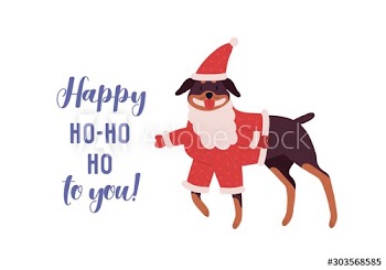 Cute dog, rottweiler in red Santa costume cartoon illustration