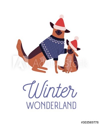 Cute dogs in sweater and santa hats cartoon illustration